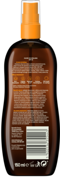 Tył brązowej butelki Kolastyna SPF 30 odżywczego olejku do opalania, z widoczną polską etykietą i kodem.