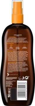 Tył butelki Kolastyna SPF 20 Odżywczy olejek do opalania, brązowa, z pomarańczowym atomizerem.