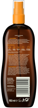 Tył ciemnobrązowego olejku do opalania SPF 15 Kolastyna z pomarańczowym atomizerem, etykietą i kodem kreskowym.