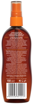 Tył brązowej butelki olejku do opalania Kolastyna SPF 10, 150 ml, z czytelnym kodem kreskowym i etykietą.