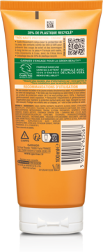 Pomarańczowa tubka Garnier Ambre Solaire Kids SPF 50+, tył z info o recyklingu, aloesie i barcode.
