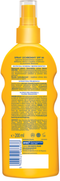 Dax Sun SPF 50 ochronny spray, żółta butelka 200ml, widok z tyłu z etykietą, składem i kodem kreskowym.