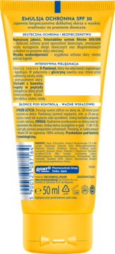 Żółta emulsja ochronna do opalania Dax Sun SPF 30, tył tubki z polskim opisem i składem, 50 ml.