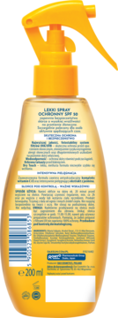Tył żółtej butelki Dax Sun Active SPF 50 lekki spray ochronny 200ml z etykietą składników, kodem kreskowym i aplikatorem.