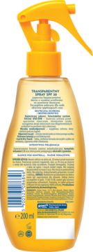 Dax Sun Active SPF 30, tył opakowania sprayu ochronnego, przezroczysta butelka z pomarańczowym atomizerem, etykieta.