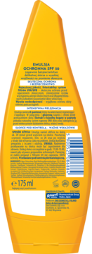 Tył żółtej butelki ochronnej emulsji Dax Sun SPF 50, nawilżającej, z widocznym tekstem PL i 175ml.