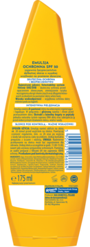 Tył żółtej butelki emulsji ochronnej Dax Sun SPF 50, z polskim opisem działania, składników i kodem paskowym.