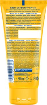Żółta tuba kremu ochronnego SPF 50+, tył opakowania z polskim tekstem, kodem kreskowym i pojemnością 50 ml.