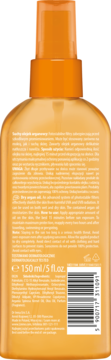 Tył pomarańczowej butelki suchego olejku arganowego SPF 50 z białymi napisami i kodem kreskowym.