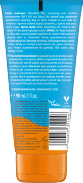 Tył niebiesko-pomarańczowej tubki nawilżającej emulsji do opalania Lirene 90 ml z tekstem i logo Vegan.