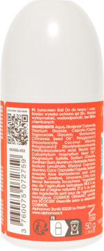 Tył białego, organicznego roll-onu przeciwsłonecznego Alphanova SPF 50+. Widoczna etykieta ze składnikami.