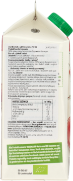 Tył białego kartonu bio soku jabłkowo-wiśniowego 750 ml z zieloną nakrętką, tabelą odżywczą i opisem.