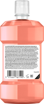 Tył butelki Listerine Smart Rinse dla dzieci, różowy płyn do płukania ust, z etykietą i kodem.