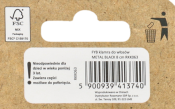 Tył tekturowego opakowania czarnej metalowej klamry do włosów FYB 8 cm z kodem kreskowym i symbolami.