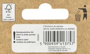 Metalowa klamra do włosów w kolorze turkusowo-złotym na kartonowym opakowaniu, widok z tyłu z kodem kreskowym.