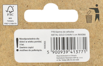 Tył kartonowego opakowania złotej metalowej klamry do włosów z białym kodem kreskowym i ostrzeżeniami.