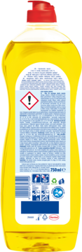 Tył żółtej butelki płynu do naczyń Pur Power cytrynowy, z czerwoną nakrętką i etykietą ostrzegawczą, 750ml.