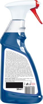Tył niebieskiego sprayu Clin Multishine z bio-alkoholem, 500ml, zapewnia połysk bez smug, widok pod kątem.