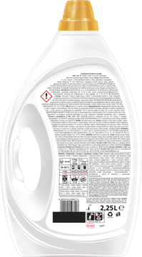 Tył opakowania żelu Persil Expert Freshness 2,25L z lawendą. Biała butelka, złota zakrętka, etykieta z instrukcjami.
