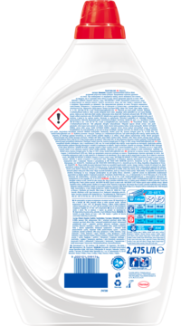 Tył białej butelki Persil Color żel do prania tkanin kolorowych, z czerwoną zakrętką i etykietą ze składem i ikonami.
