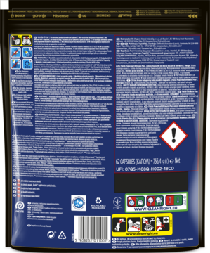 Tył ciemnego opakowania Finish Ultimate Plus, 62 cytrynowych kapsułek do zmywarki, z instrukcjami i ikonami.
