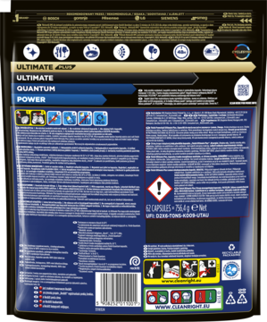 Tył opakowania kapsułek Finish Ultimate Quantum Power. Ciemna saszetka z tekstami w wielu językach, ostrzeżeniami, 62 kapsułkami.
