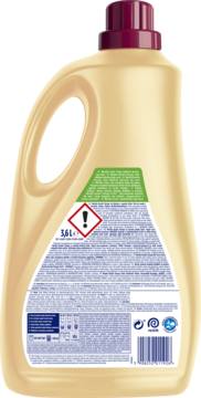 Płyn do prania kolorowych ubrań Woolite Keratin Fruity, beżowa butelka 3,6L, widok z tyłu z etykietami.