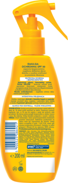 Widok z tyłu żółtej butelki Dax Sun SPF 50 emulsji ochronnej dla dzieci z pompką spray 200ml.