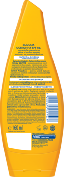 Tył żółtej butelki emulsji ochronnej DAX Sun SPF 50+ dla skóry wrażliwej, z informacjami i kodem kreskowym.