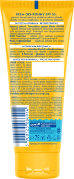 Tył żółtej tuby kremu ochronnego Dax Sun SPF 50+ dla dzieci 75ml z opisem działania i składników.