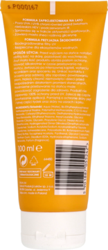 Tył pomarańczowej tuby emulsji do opalania SPF 30, z widocznym składem, pojemnością i kodem kreskowym.
