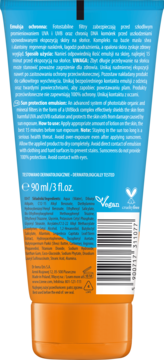Tył niebiesko-pomarańczowej tubki Lirene z emulsją SPF 50, widoczny skład, certyfikaty Vegan i Cruelty-Free.