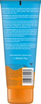 Tył niebiesko-pomarańczowej tubki Lirene kremu SPF 50, z widoczną listą składników i logo Vegan.