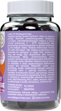 Tył butelki Hello Gummies Vege: suplement diety na włosy i paznokcie, z datą ważności 12/2025.