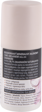 Tył białego dezodorantu Arganove Cashmere roll-on z czarną etykietą, widoczny opis i składniki.