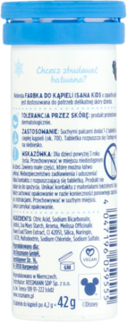Tył opakowania farbki do kąpieli Isana Kids 42g, widoczne polskie napisy, skład i logo Disney.