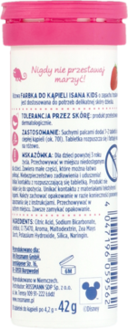 Tył opakowania farbki do kąpieli Isana Kids o zapachu truskawek, biały pojemnik z różową nakrętką.