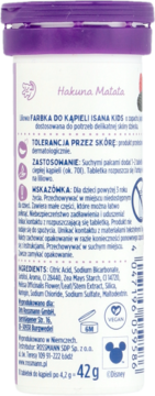 Tył fioletowo-białego opakowania farbki do kąpieli Isana Kids 42g, z ikonami Vegan i Disney.