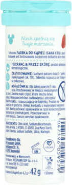 Tył opakowania farbki do kąpieli Isana Kids o zapachu truskawki, z listą składników, ostrzeżeniami i kodem kreskowym.