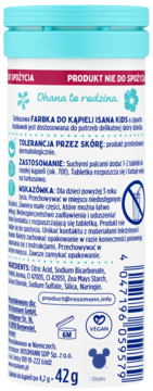 Tył opakowania turkusowej farbki do kąpieli Isana Kids z polskim tekstem, składnikami i kodem kreskowym.