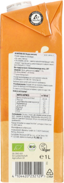 Tył pomarańczowego kartonu organicznego napoju owsianego UHT 1L, z pełną etykietą, wartościami odżywczymi i certyfikatami.