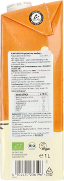 Tył pomarańczowego kartonu napoju owsianego Bio Alnatura, UHT 1L, z etykietą i kodem kreskowym.