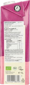 Tył różowego kartonu bio napoju migdałowego UHT 1L, z widoczną etykietą i certyfikatami BIO/Vegan.