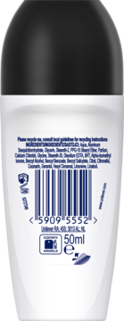 Tył opakowania antyperspirantu Dove w kulce, biała butelka z czarną nakrętką, widoczne składniki, kod kreskowy i 50ml.