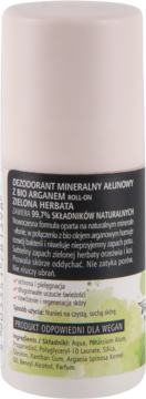 Tył białego dezodorantu Arganove, roll-on z ałunem, bio arganem i zieloną herbatą, widoczny tekst o składzie.