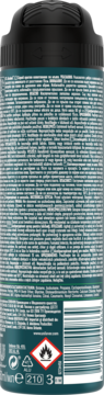 Tył sprayu Rexona Men Advanced Protection Quantum Dry, ciemnozielona puszka z drobnym tekstem i symbolami.
