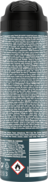 Rexona Men Advanced Protection Sport Cool: tył ciemnoniebieskiego antyperspirantu w sprayu z tekstem, kodem i symbolami.