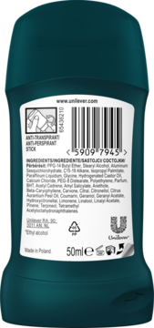 Tył antyperspirantu Rexona Men Cobalt Dry, ciemny turkusowy sztyft 50ml, z białą etykietą i listą składników.