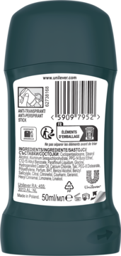 Tył ciemnozielonego antyperspirantu Rexona Men w sztyfcie, z białą etykietą, kodem kreskowym i tekstem 'ANTI-PERSPIRANT STICK'.