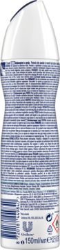 Tył białego antyperspirantu Rexona Shower Fresh 72h 150ml w sprayu, widoczny kod kreskowy i napisy.